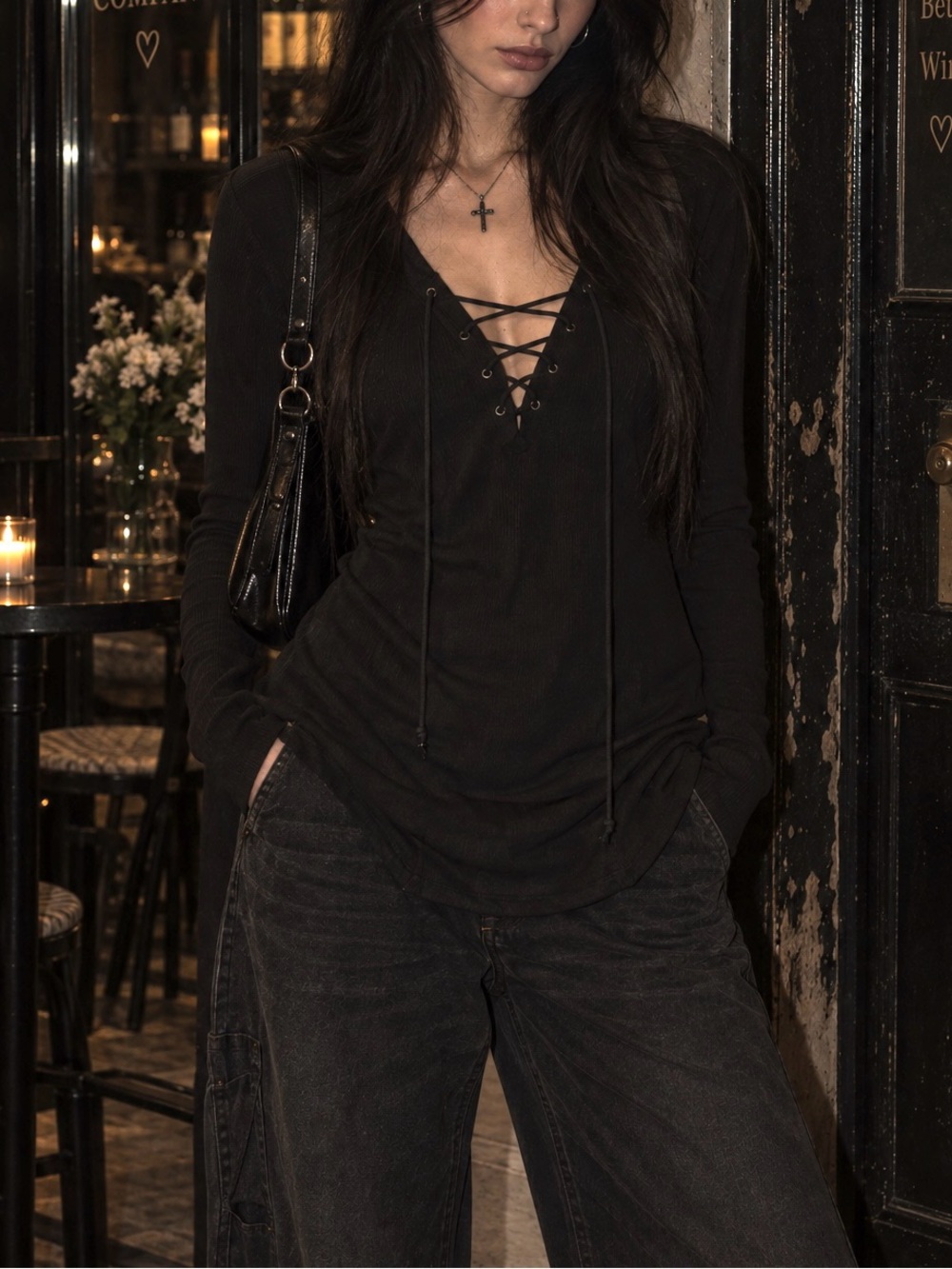 Women’s Alt Lace-Up Long Sleeve Black Essential Comfy Top